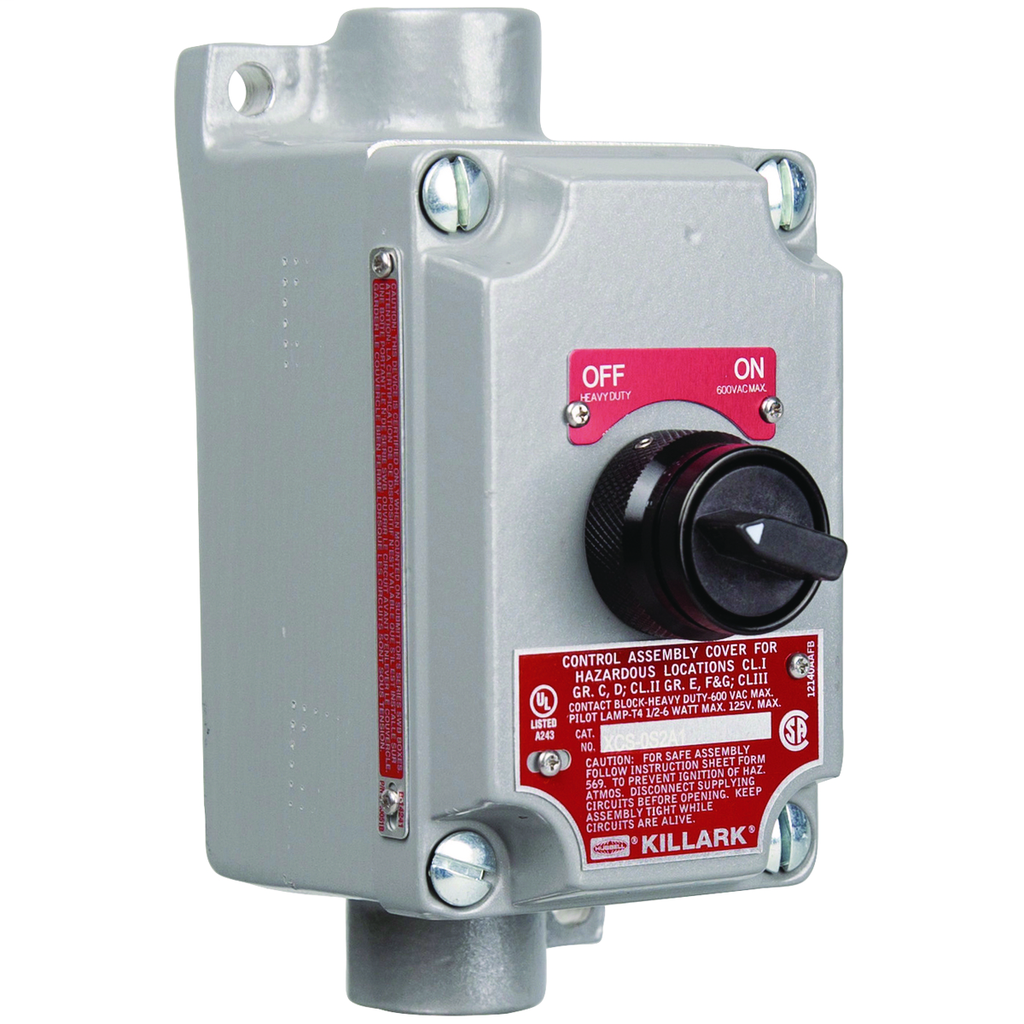 XCS Series - Aluminum Feed-Thru Maintained Contact 2-Position Selector Switch Control Station - "Off - On" Nameplate - Hub Size 3/4 Inch -1NO/1NC Contact Rating