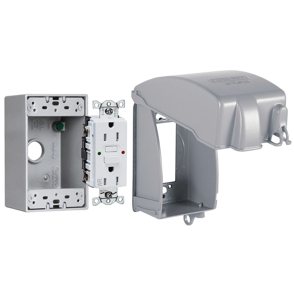 1-Gang, Complete In-Use Cover Kit - EXTRA DUTY® Hubbell WRTR 15 AMP Self Test GFCI, Metal In-Use Cover, Box