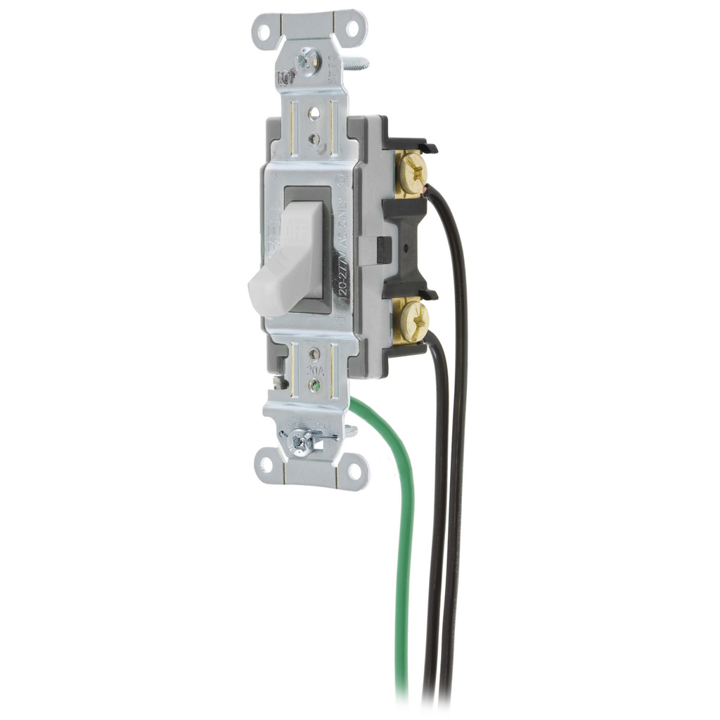 Switches and Lighting Controls, Spec Grade, Toggle Switches, General Purpose AC, 20A 120/277V AC, Back and Side Wired, Pre-Wired with 8" #12 THHN, Office White