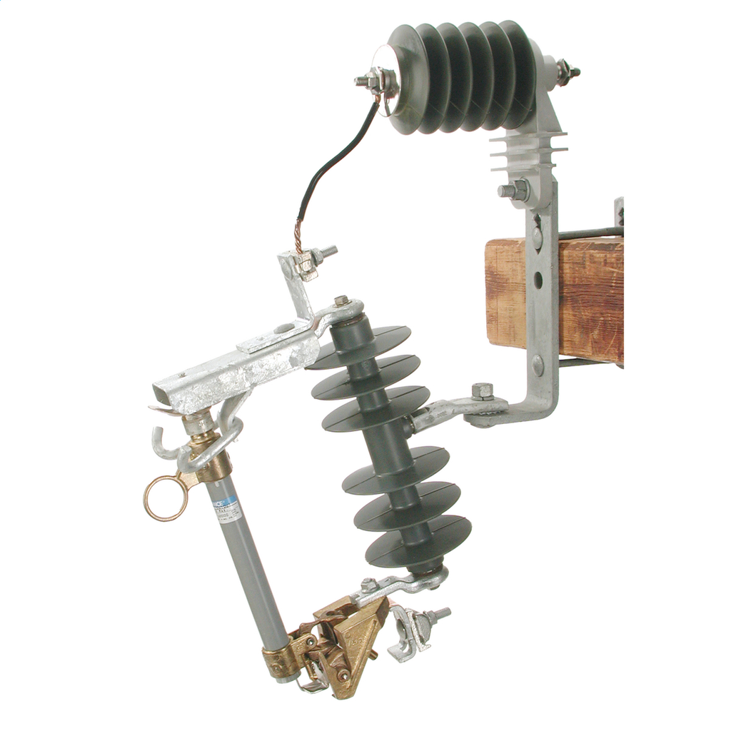 27 kV, 125 kV BIL, Standard Type C Polymer Cutout / Arrester Combination with a 300A solid blade, small eyebolt connector and an extended NEMA "B" crossarm bracket.