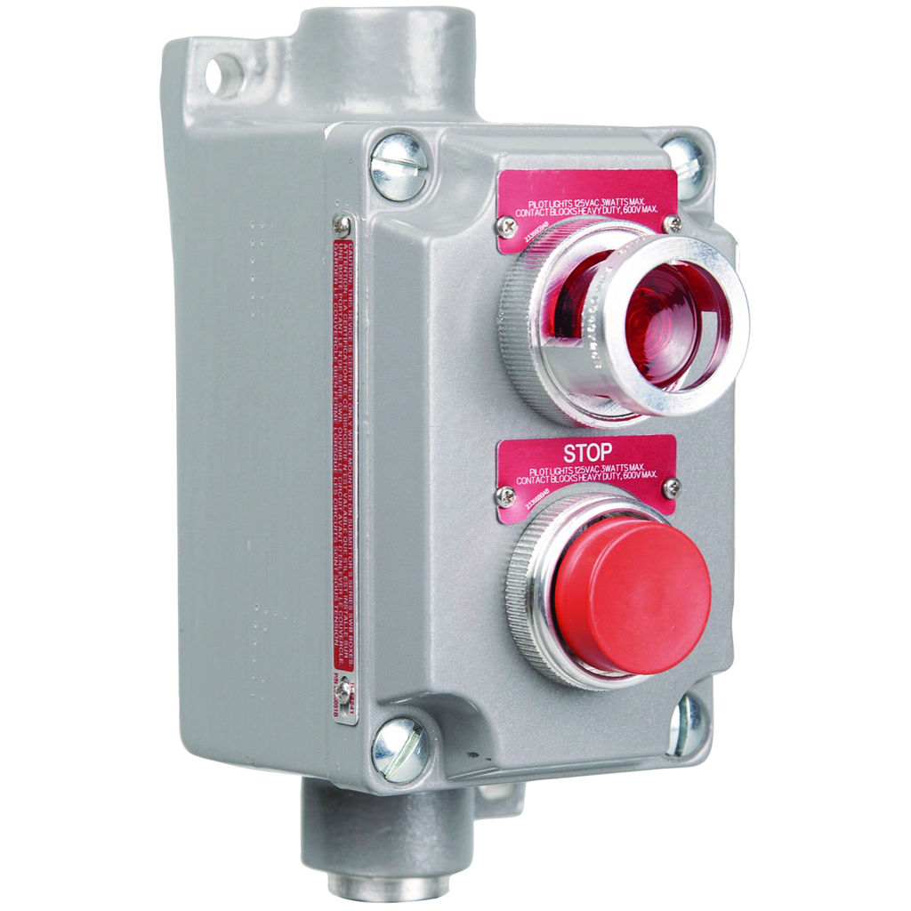 XCS Series - Aluminum Feed-Thru Momentary Contact Single Push Button and Pilot Light Control Station - Red Button With "Stop" Nameplate - Hub Size 3/4 Inch - 1NC Contact Rating