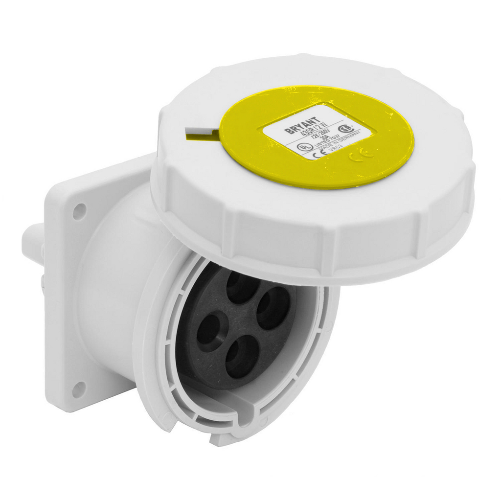 Heavy Duty Products, IEC Pin and Sleeve Devices, Industrial Grade, Female Receptacle, 60A 125V AC, 2-Pole 3-Wire Grounding, Terminal Screw, Yellow, Watertight