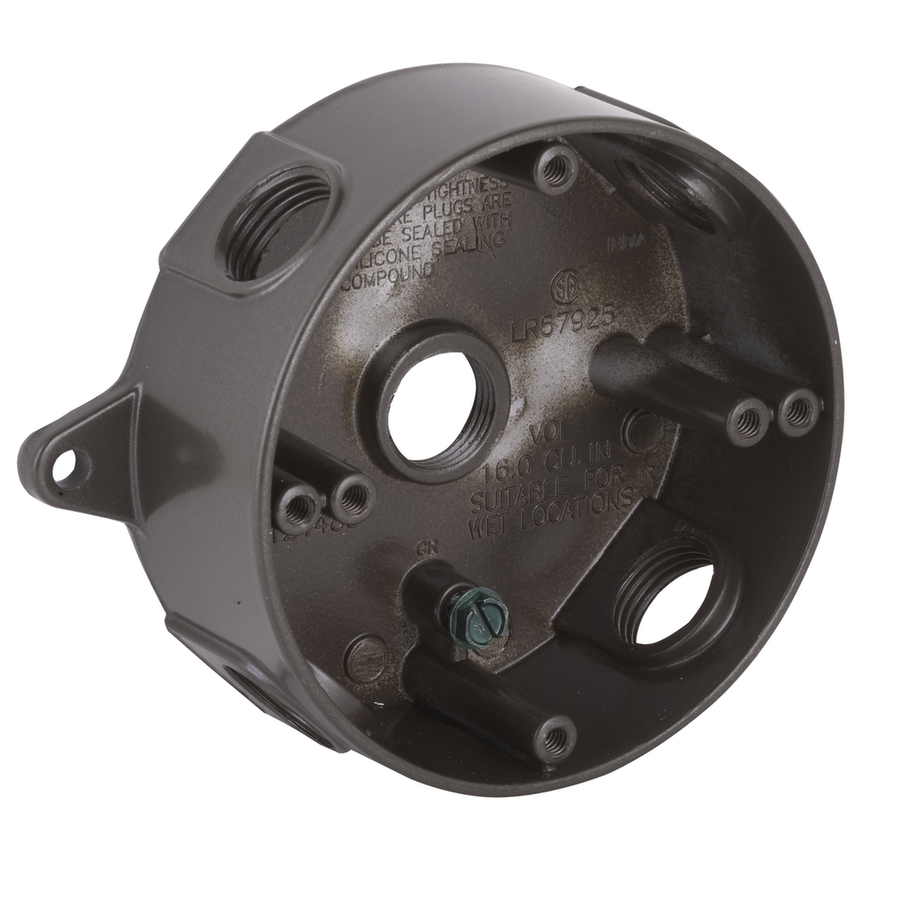 Round Weatherproof Box, Five 1/2 in. Threaded Outlets, Bronze