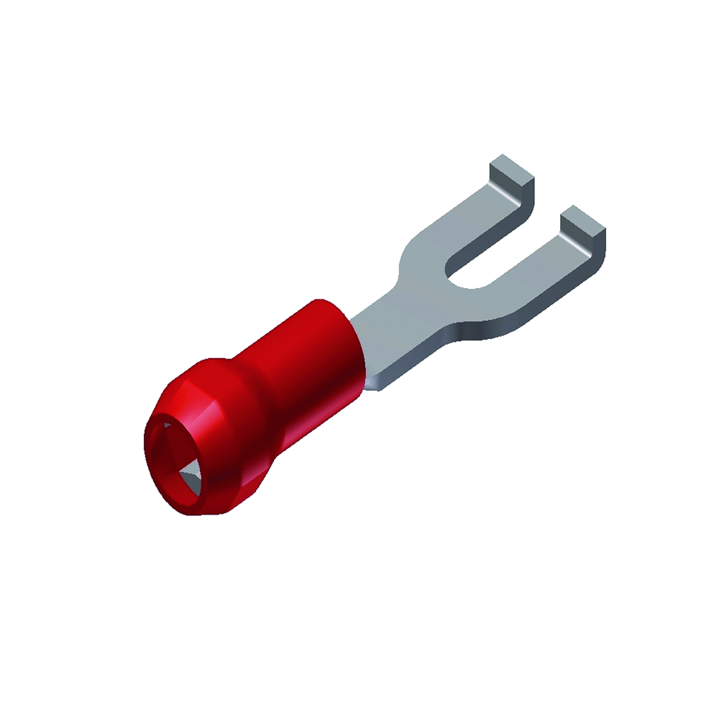 Cu Terminal, Flanged Fork/Funnel Entry, AN22-16, 600 V, #2 Stud, 0.83" L, 0.18" W, Nylon Insul, Tin Plated, Multi-Finger Insul Grip,Red(Sleeve Color)