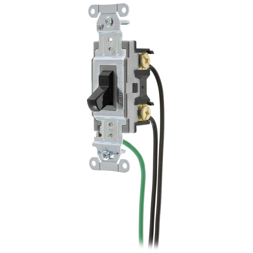 Switches and Lighting Controls, Spec Grade, Toggle Switches, General Purpose AC, Single Pole, 20A 120/277V AC, Back and Side Wired, Pre-Wired with 8" #12 THHN, Black