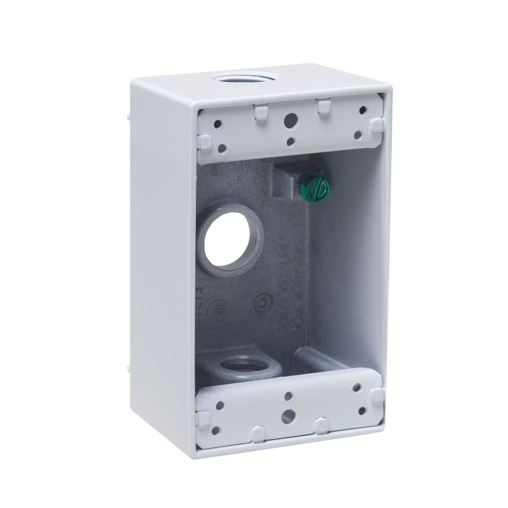 1-Gang Weatherproof Box, Three 1/2 in. Threaded Outlets, White, Carded