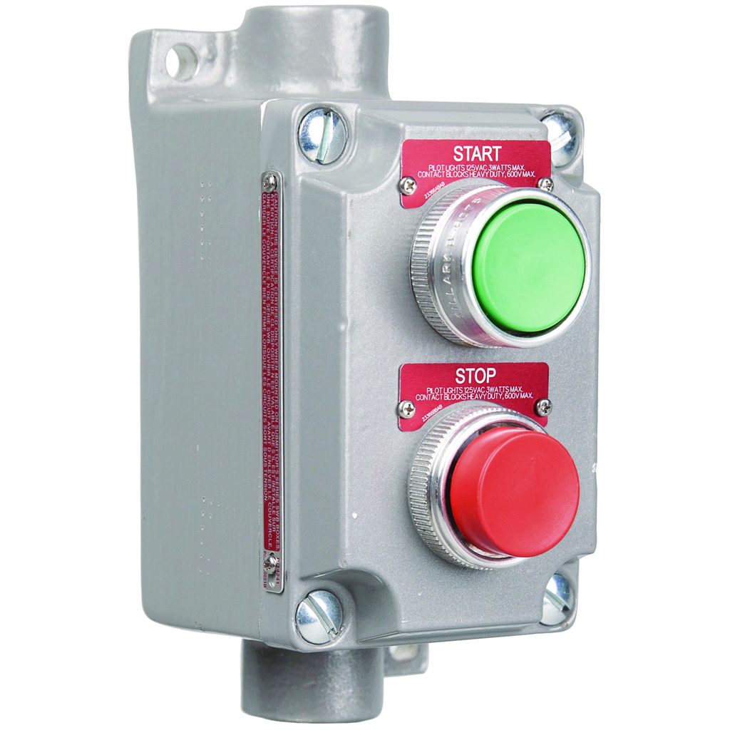 XCS Series - Aluminum Feed-Thru Momentary Contact Double Push Button Control Station - Green Button With "Start" Nameplate - Red Button With"Stop" Nameplate - Hub Size 3/4" - 1NO/1NC Contact Rating
