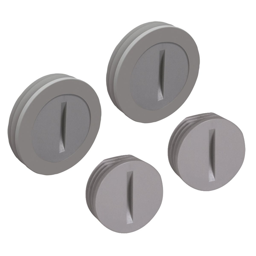Weatherproof Nonmetallic Closure Plug Assortment, Two 1/2 and Two 3/4 in., Gray (4/Bag)