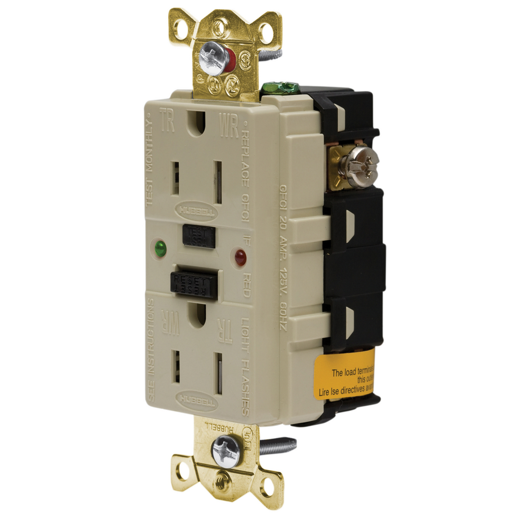 Power Protection Products, Receptacles, GFCI, Tamper and Weather Resistant, Industrial Grade, Self Test, 15A 125V, 2-Pole 3-Wire Grounding, 5-15R, Ivory