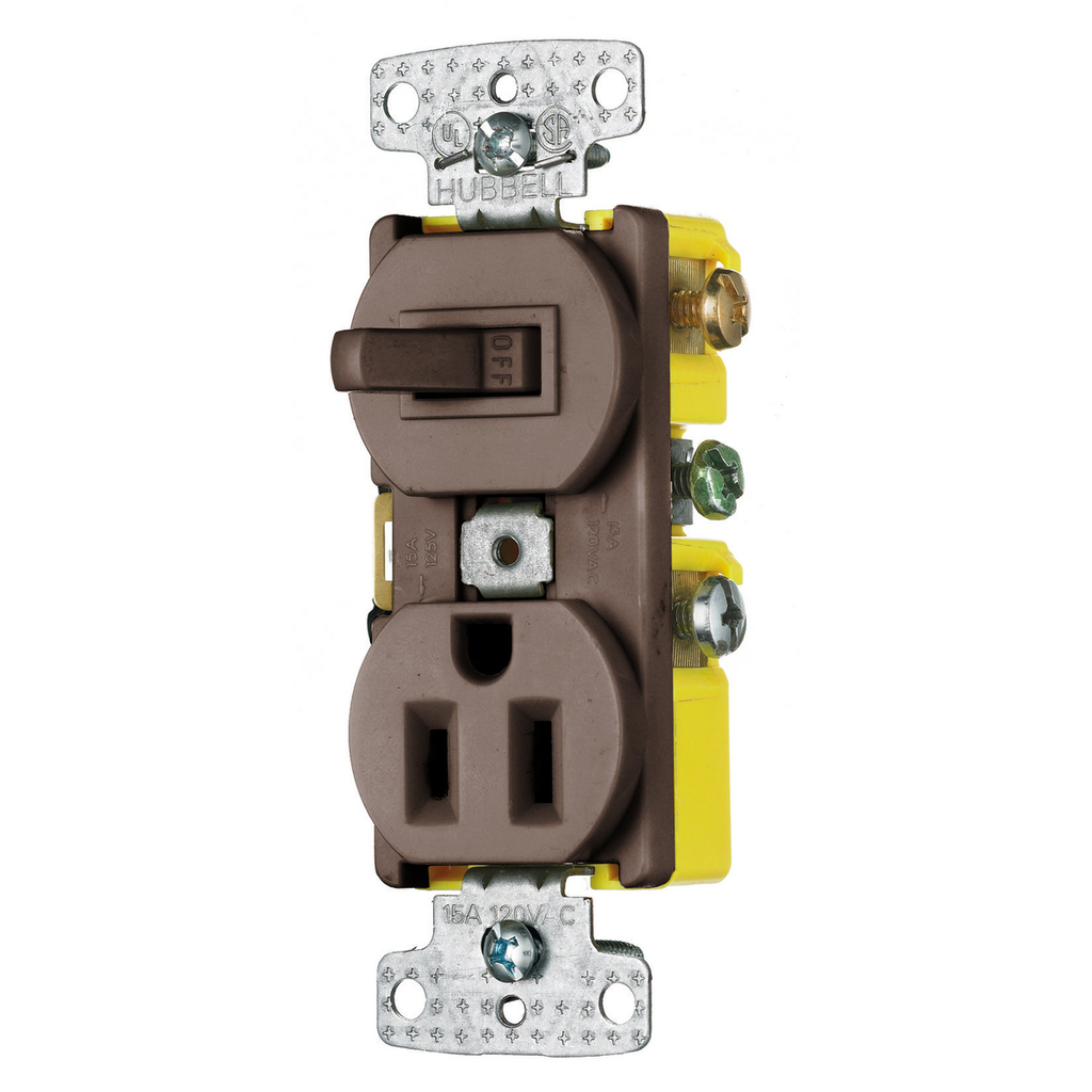 Switches and Lighting Controls, Combination Devices, Residential Grade, 1) Single Pole Toggle, 1) Single Tamper Resistant Receptacle, 15A 120VAC, SelfGrounding, Side Wired