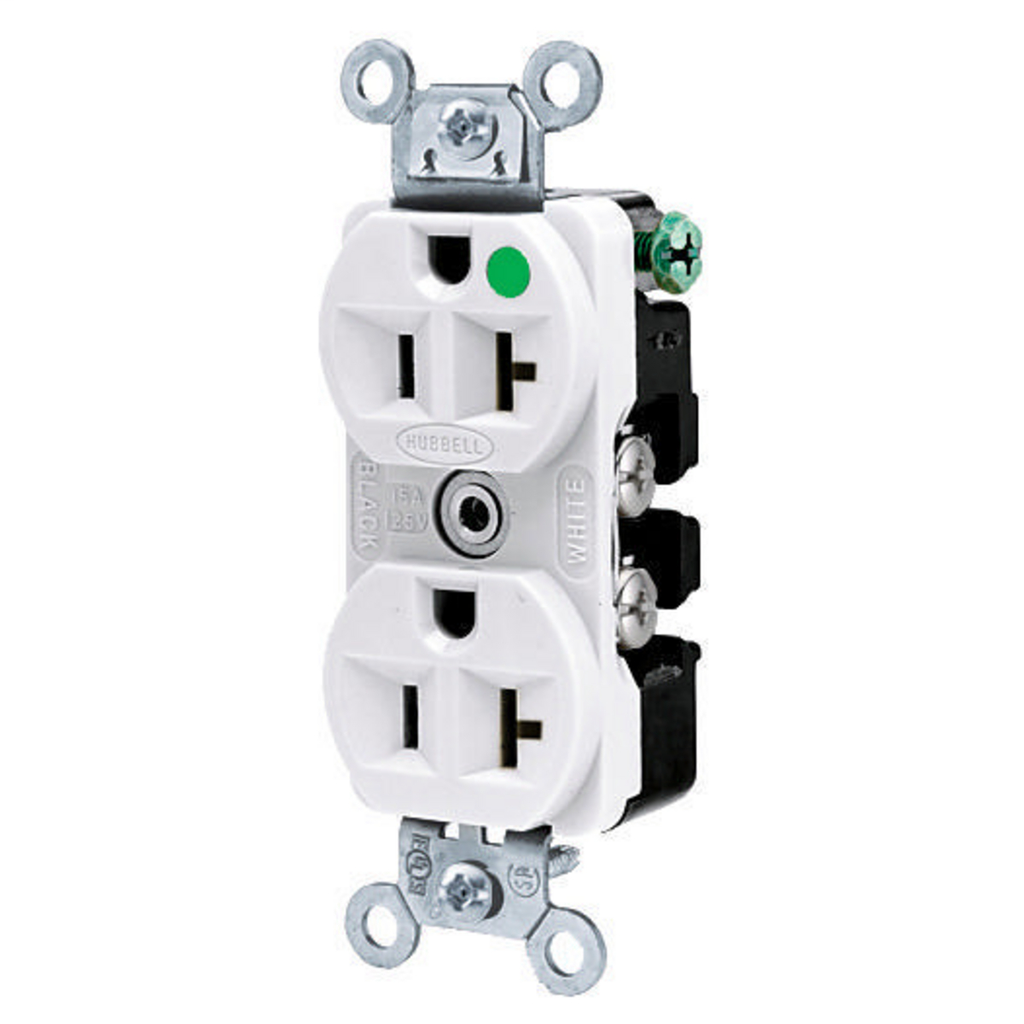 Straight Blade Devices, Receptacles, Duplex, Hospital Grade, 2-Pole 3-Wire Grounding, 20A 125V, 5-20R, White, Single Pack