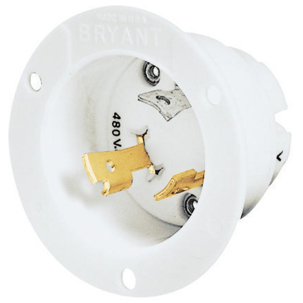 Locking Devices, Industrial, Flanged Inlet, 30A 480V AC, 2-Pole 3-Wire Grounding, L8-30P, Screw Terminal, Black and White