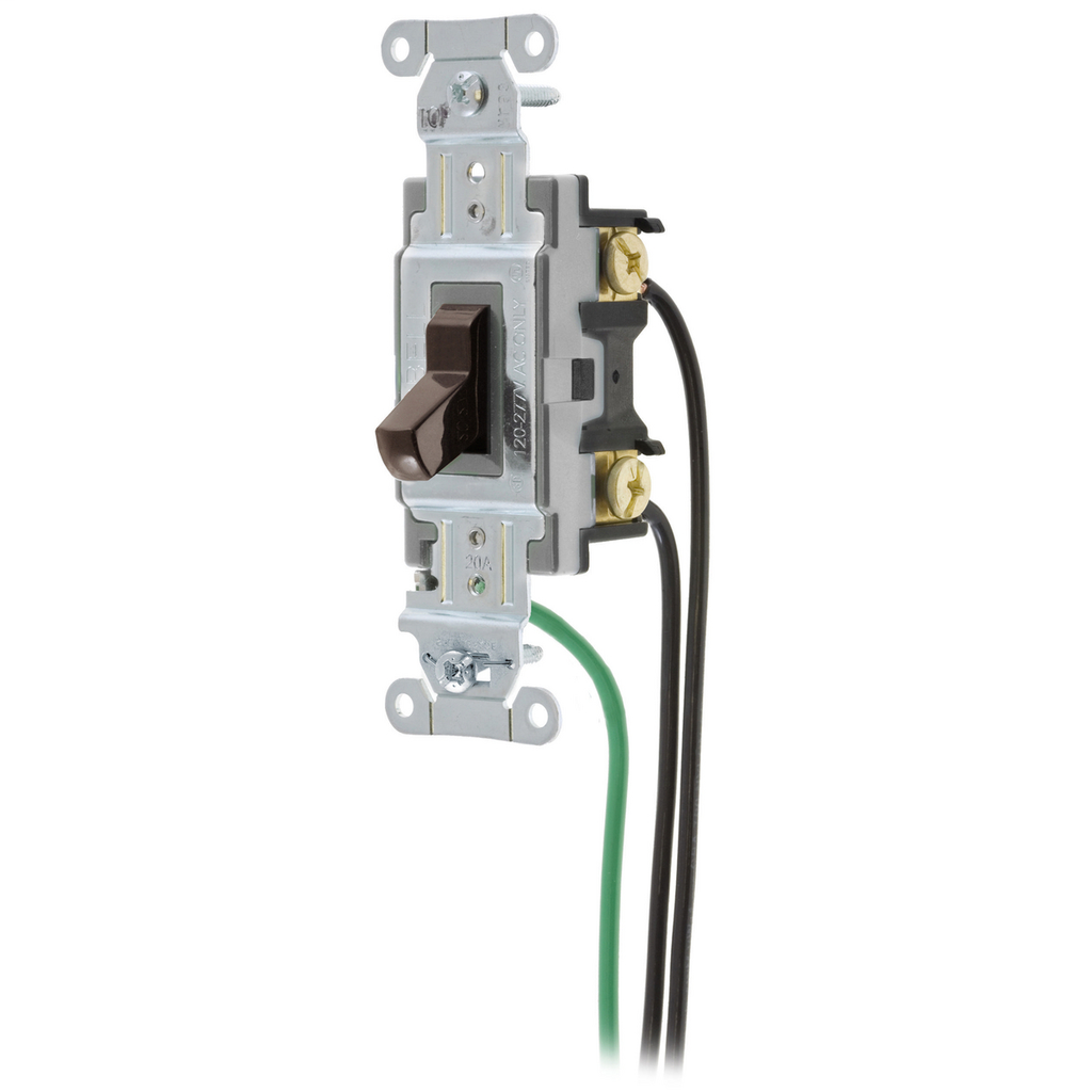 Switches and Lighting Controls, Spec Grade, Toggle Switches, General Purpose AC, Four Way, 20A 120/277V AC, Back and Side Wired, Pre-Wired with 8" #12 THHN, Brown