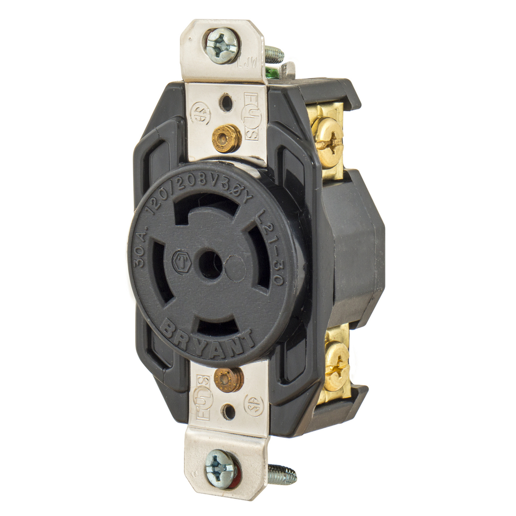 Locking Devices, Industrial, Flush Receptacle, 30A 3-Phase Wye 347/600V AC, 4-Pole 5-Wire Grounding, L23-30R, Screw Terminal, Black