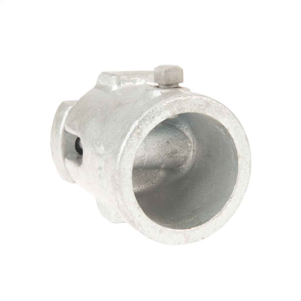Sidewalk Guy Pole End Plate. Used where space is not available for standard guying. Attach with two 1/2" lag screws. Accomodates 2 1/2" pipe size. Hot dip galvanized.