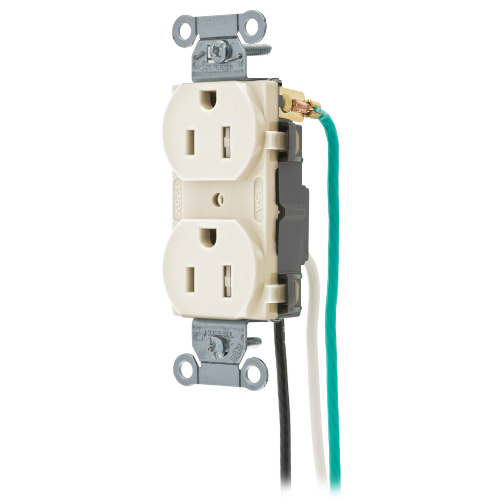 Straight Blade Devices, Receptacles, Duplex, Commercial Grade, 2-Pole 3-Wire Grounding, 15A 125V, 5-15R, Light Almond, Single Pack, Pre-Wired 8" Solid Leads
