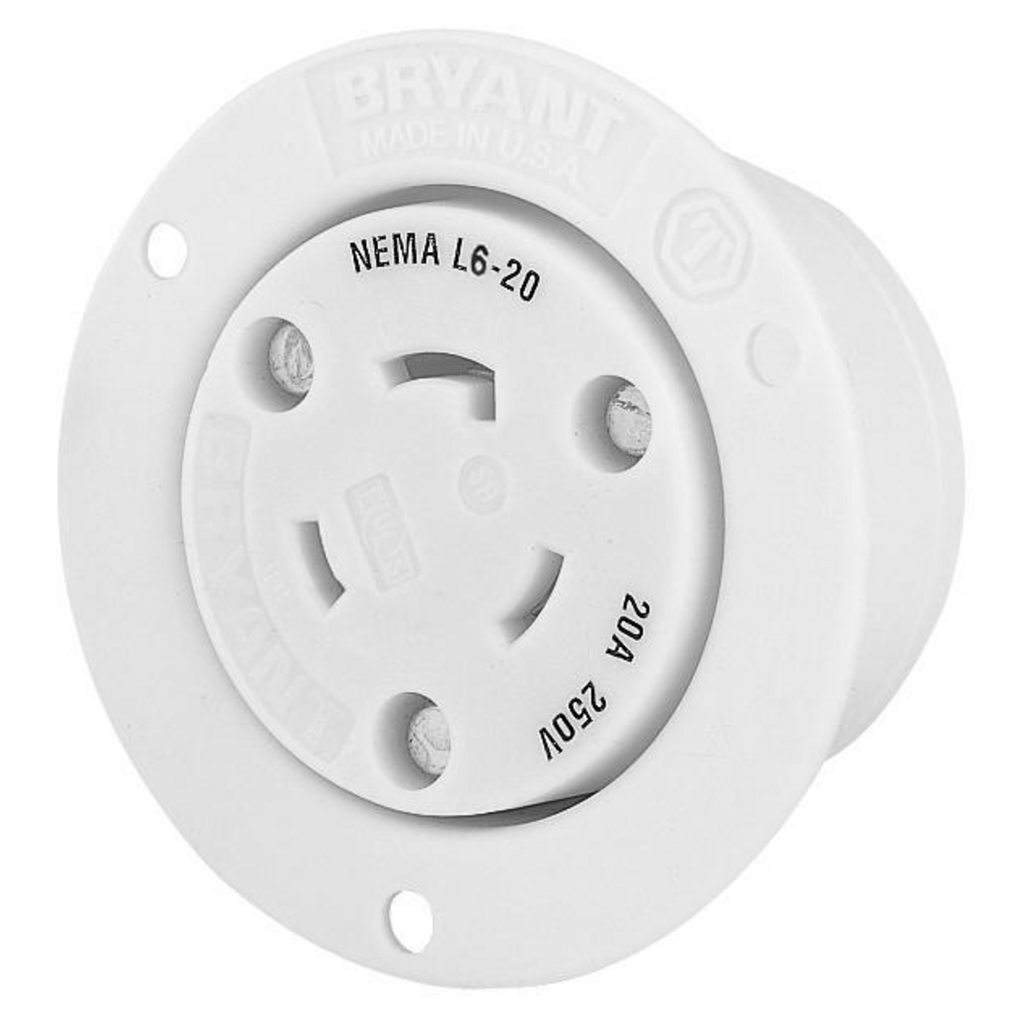 Locking Devices, Industrial, Flanged Receptacle, 20A 250V, 2-Pole 3-Wire Grounding, L6-20R, Screw Terminal, White