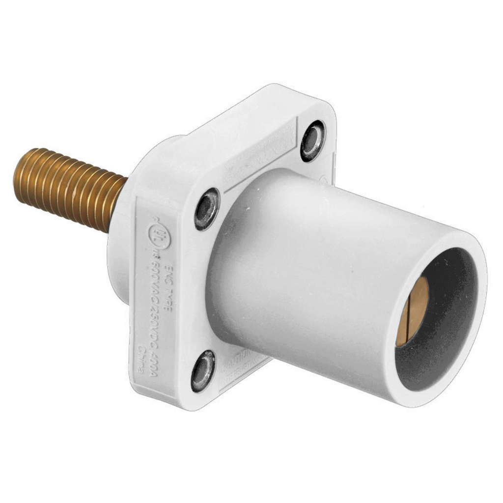 Heavy Duty Products, Single Pole Devices, Industrial Grade, Male Receptacle, 300/400A 250V DC/600V AC, Single Conductor, Threaded Mounting Holes, Stud Termination, White