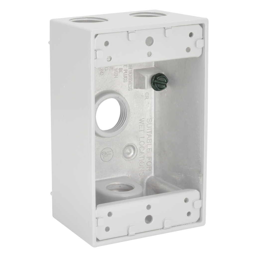 1-Gang Weatherproof Box, Four 1/2 in. Threaded Outlets, White