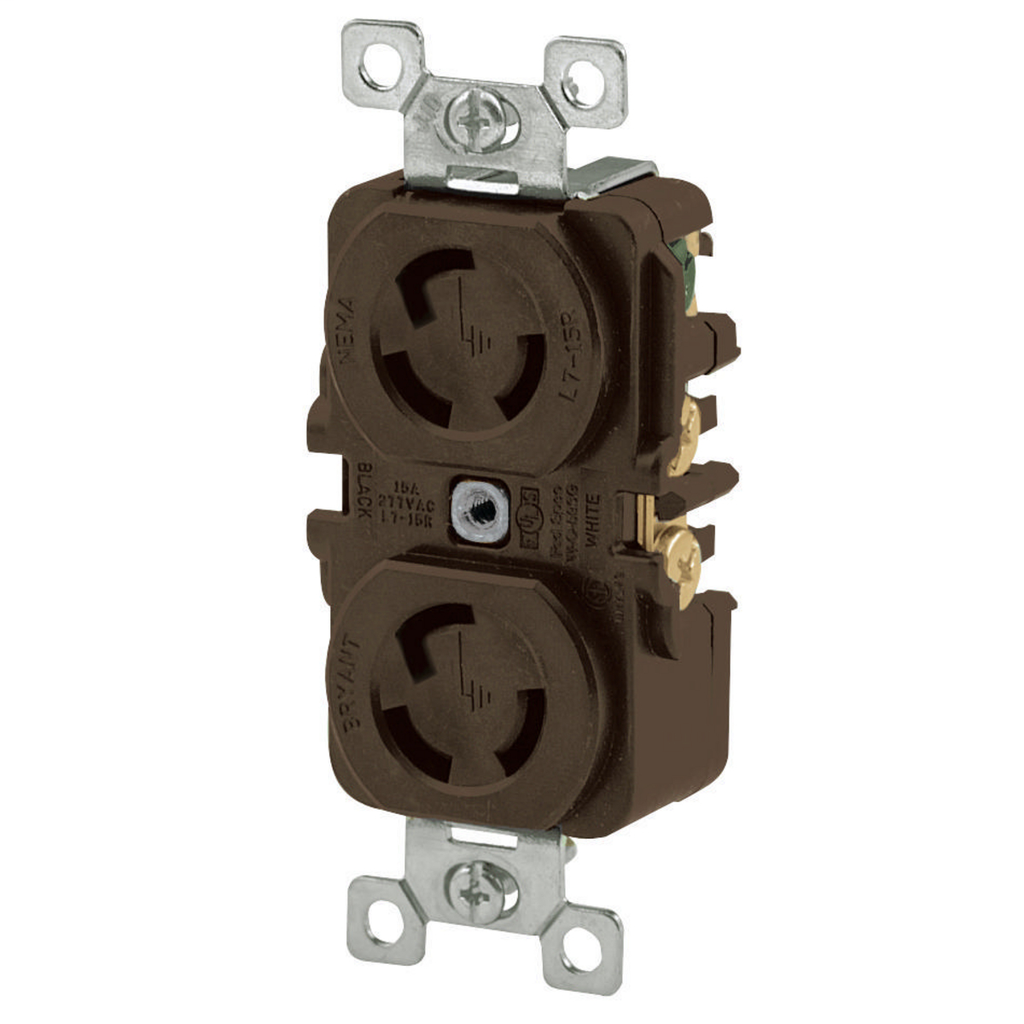 Locking Devices, Locking Devices, Industrial, Duplex Receptacle, 15A 125V, 2-Pole 3-Wire Grounding, L5-15R, Screw Terminal, Brown