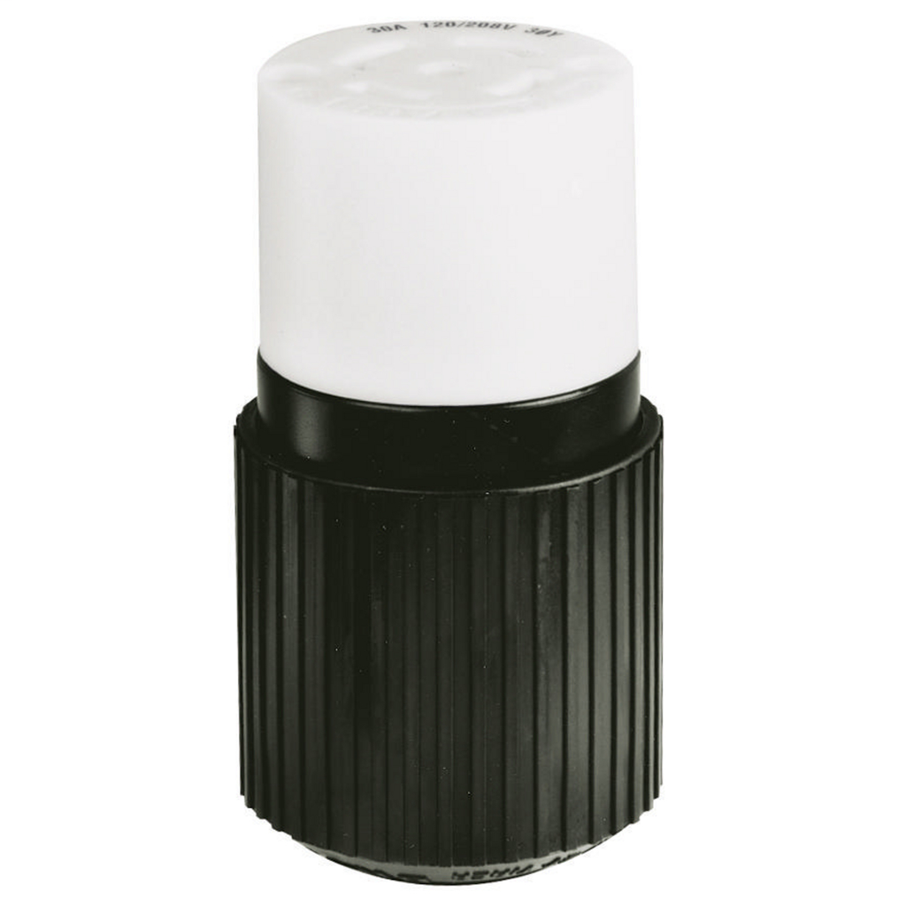 Locking Devices, Locking Devices, Industrial, Female Connector Body, 30A 3-Phase Wye 120/208V AC, 4-Pole 4-Wire Non- Grounding, Non-NEMA,Screw Terminal, Black and White