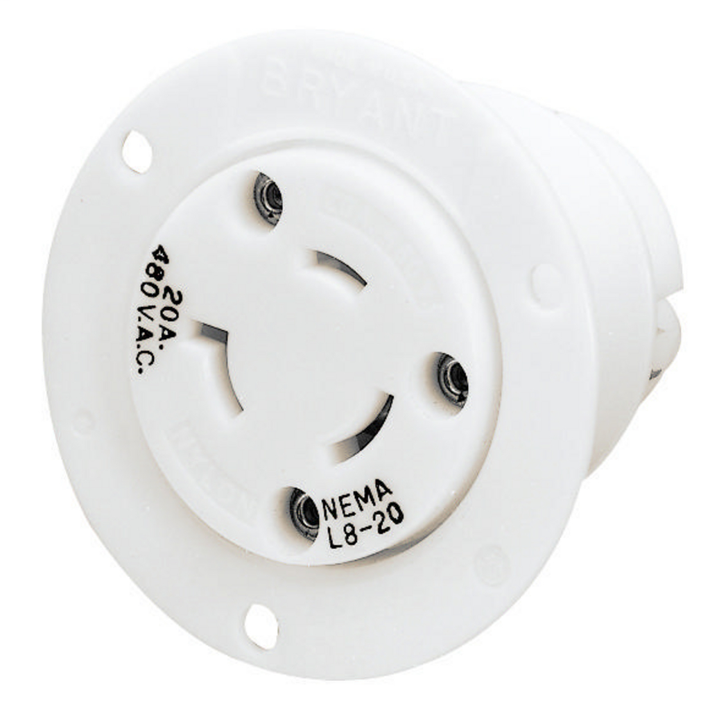 Locking Devices, Industrial, Flanged Receptacle, 20A 277V AC, 2-Pole 3-Wire Grounding, L7-20R, Screw Terminal, White