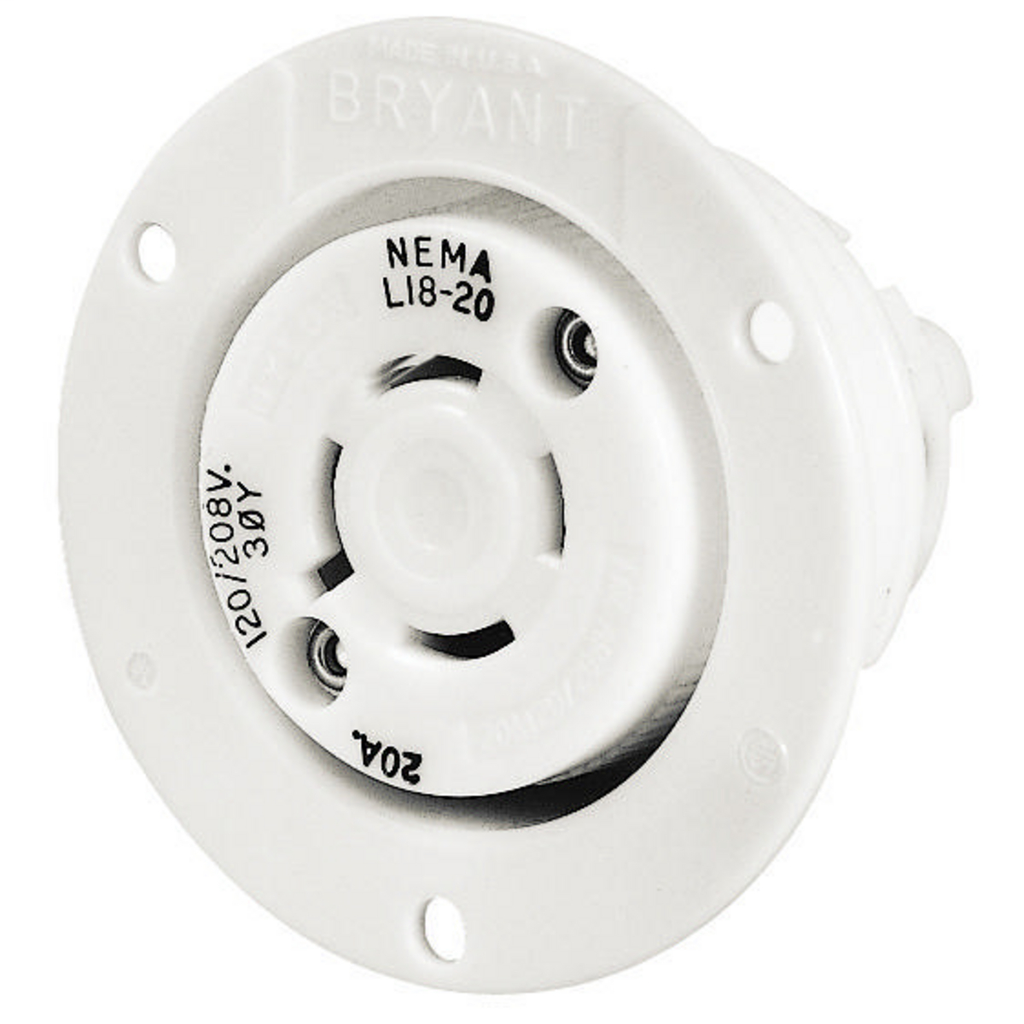 Locking Devices, Industrial, Flanged Receptacle, 20A 3-Phase Wye 347/600V AC, 4-Pole 5-Wire Grounding, L20-20R, Screw Terminal, White