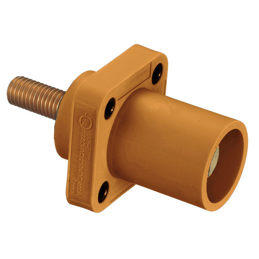Heavy Duty Products, Single Pole Devices, Industrial Grade, Male Receptacle, 300/400A 250V DC/600V AC, Single Conductor, Threaded Mounting Holes, Stud Termination, Orange