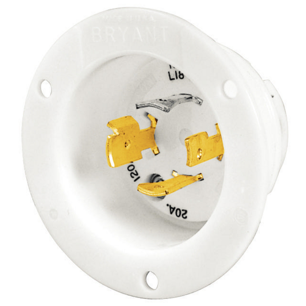 Locking Devices, Industrial, Flanged Inlet, 20A 3-PhaseWye 277/480V AC, 4-Pole 4-Wire Non-Grounding, L19-20P, Screw Terminal, White