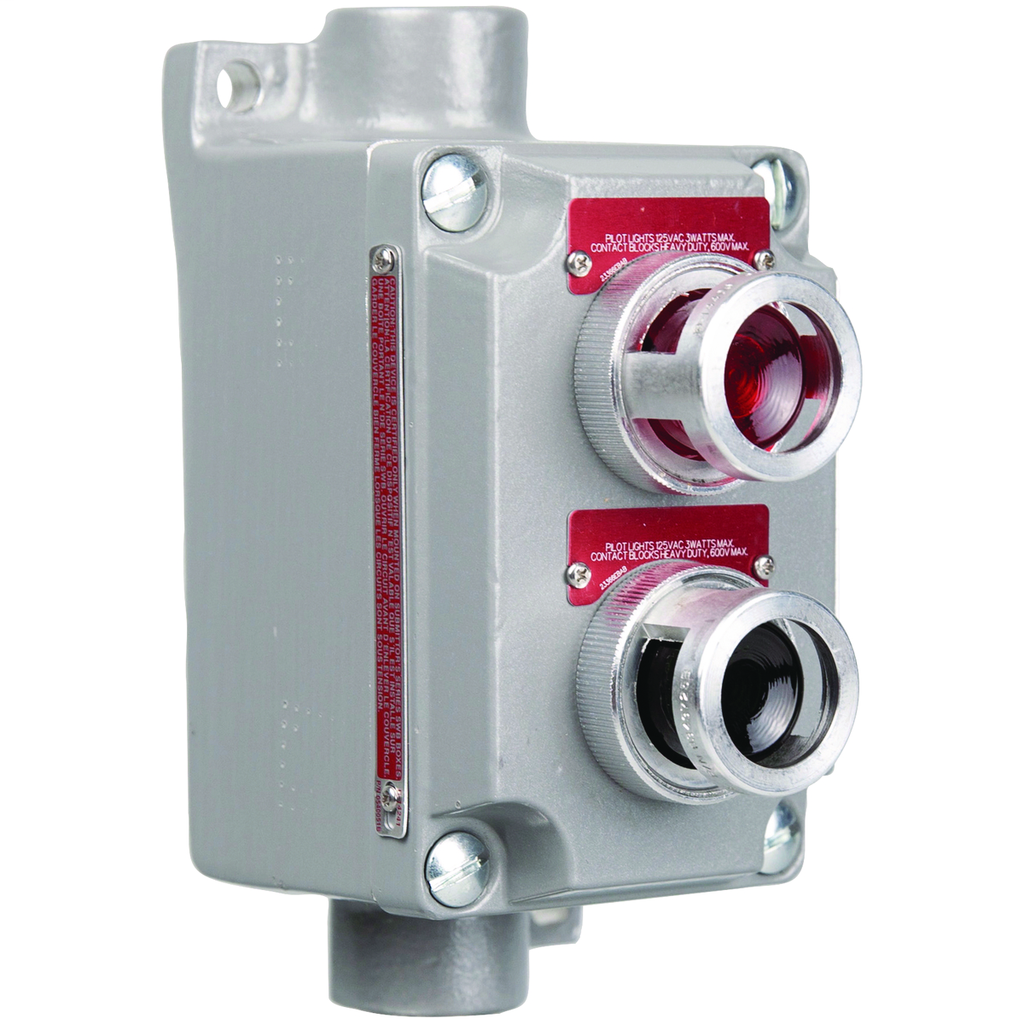XCS Series - Aluminum Feed-Thru Double 120V Pilot Light Control Station- Red Lens And Green Lens With Nameplates To Be Specified - Hub Size3/4Inch
