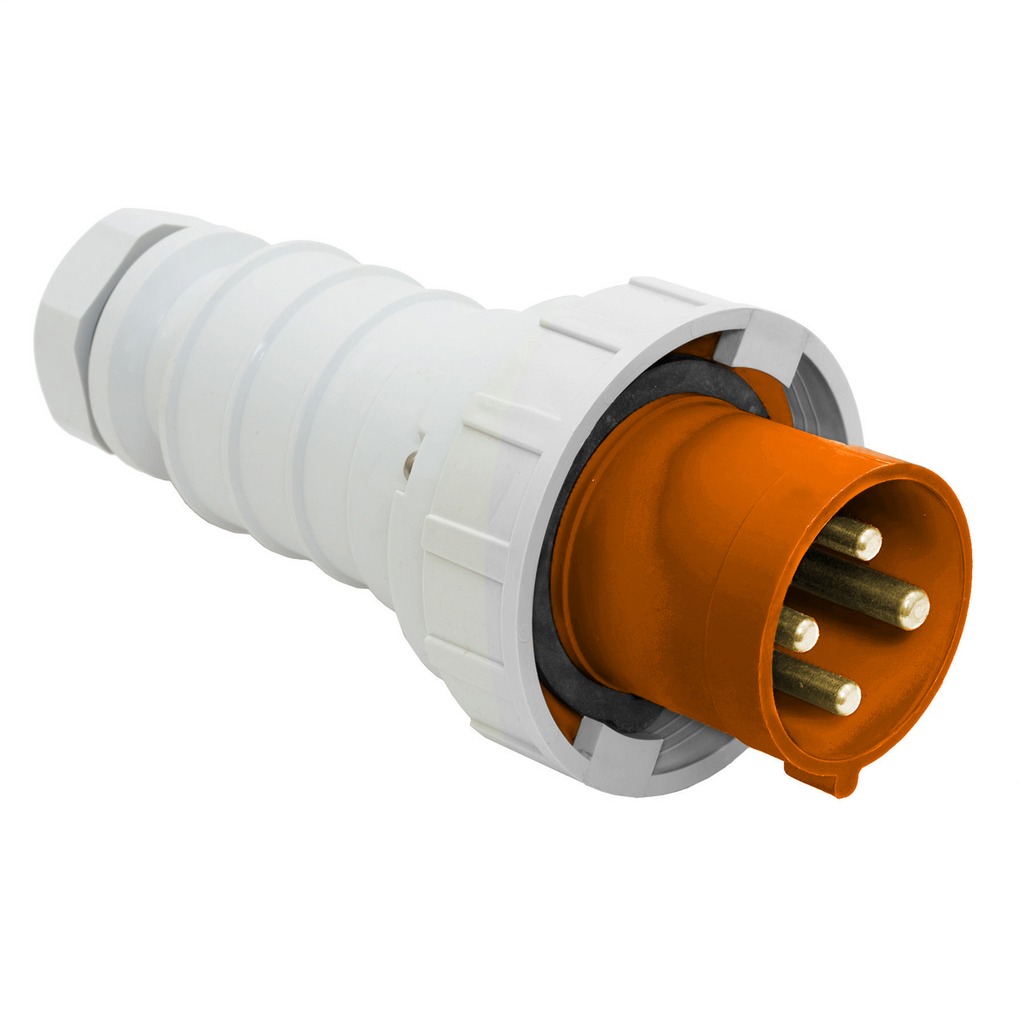 Heavy Duty Products, IEC Pin and Sleeve Devices, Industrial Grade, Male Plug, 100A 125/250V, 3-Pole 4-Wire Grounding, Screw Terminals, Orange, Watertight