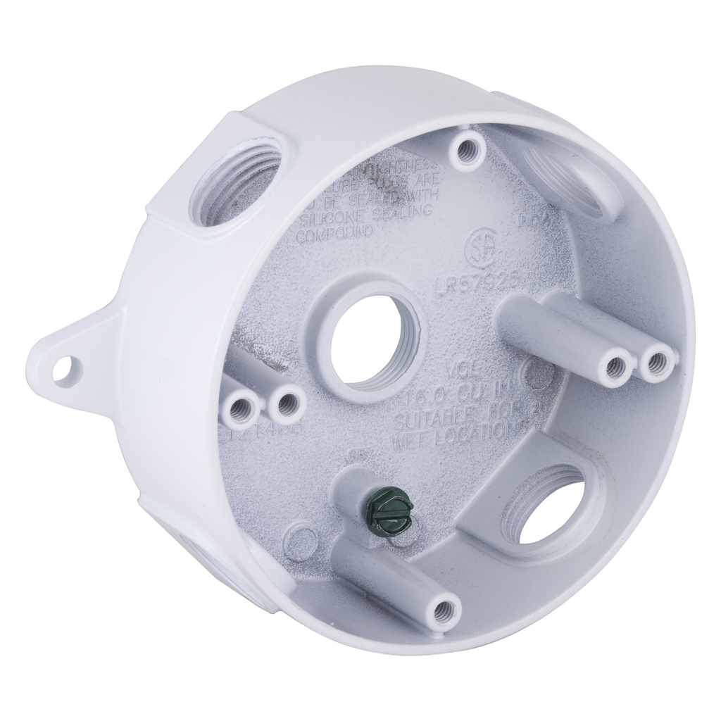 Round Weatherproof Box, Five 1/2 in. Threaded Outlets, White