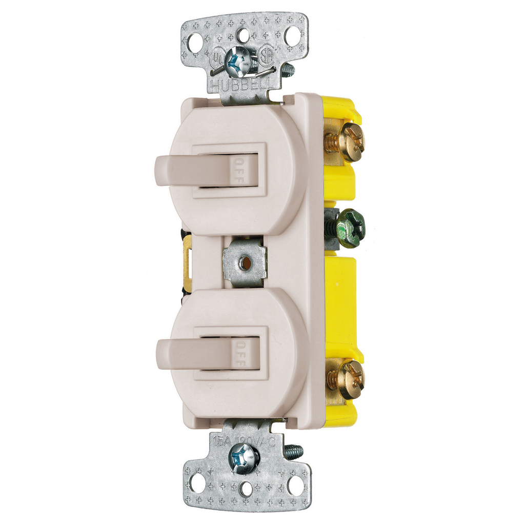 Switches and Lighting Controls, Combination Devices, Residential Grade, 2) Single Pole Toggles, 15A 120V AC, Self Grounding, Side Wired, Light Almond