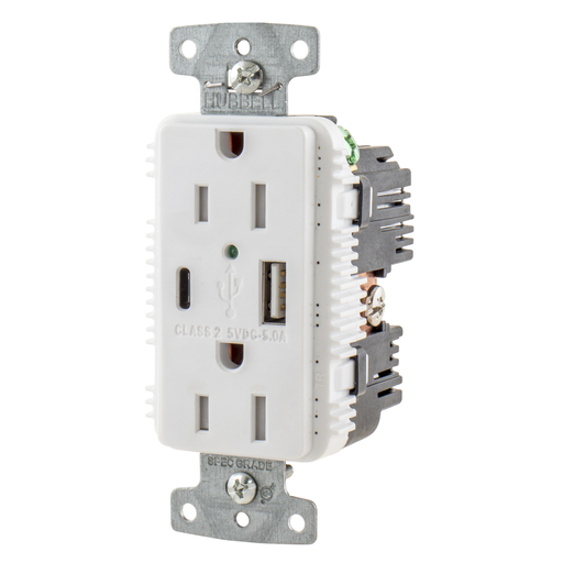 USB Charger Duplex Receptacle, 15A 125V,2-Pole 3-Wire Grounding, 5-15R, 1) 5A "C" USB and "A" Ports, White