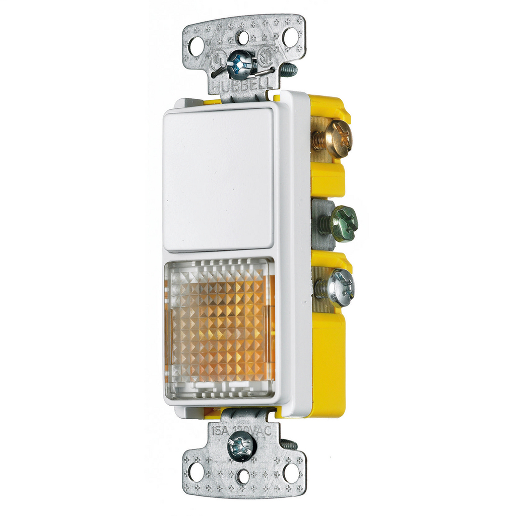 Switches and Lighting Controls, Combination Devices, Residential Grade, Decorator Series, 1) Single Pole Rocker, 1) Pilot Light, 15A 120V AC, Side Wired, White