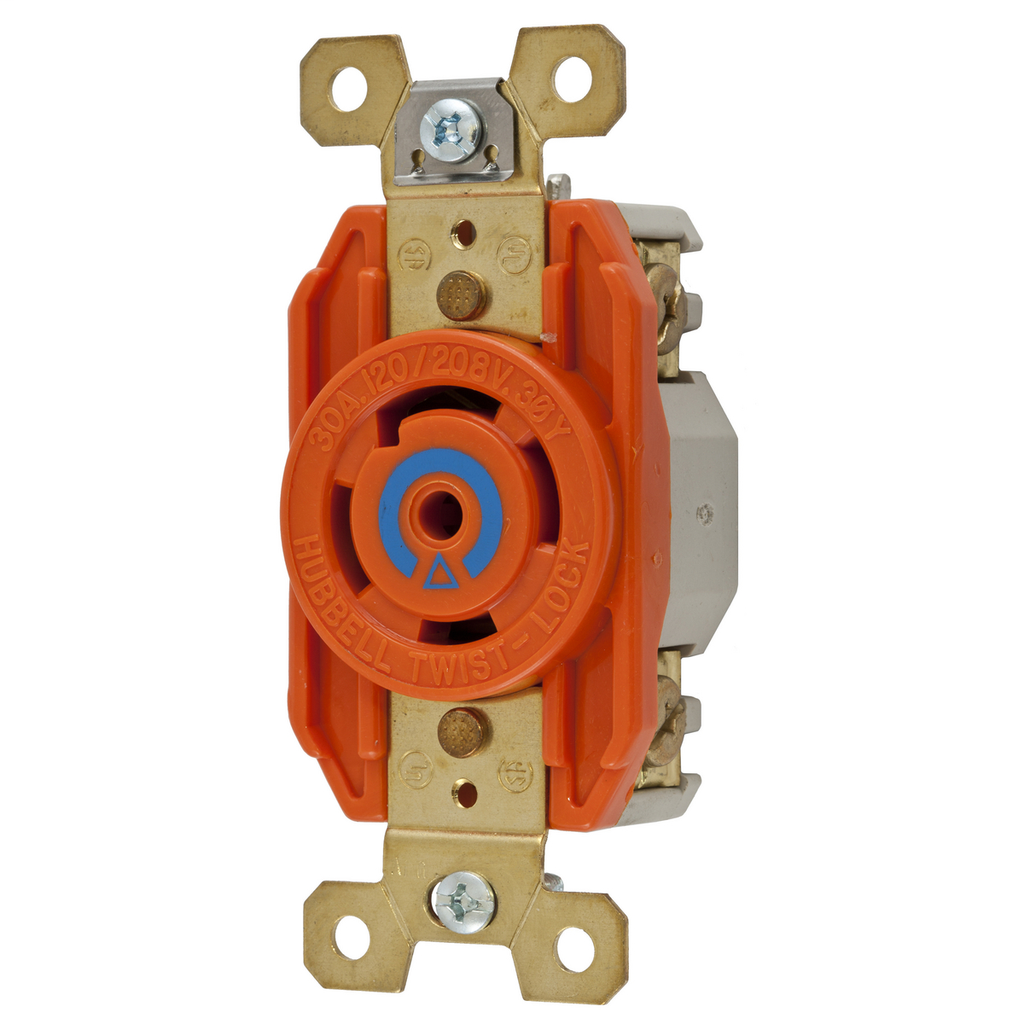 Product image for Hubbell IG2810 30 Amp 120/208 Volt 4-Pole 5-Wire NEMA L21-30R Orange Isolated Ground Locking Receptacle