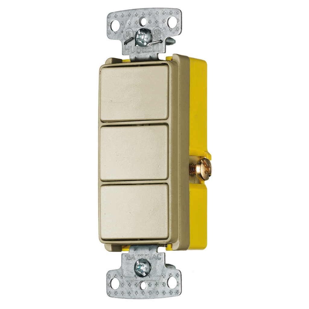 Switches and Lighting Controls, Combination Devices, Residential Grade, Decorator Series, 3) Three Way Rockers, 15A 120V AC, Side Wired, Ivory