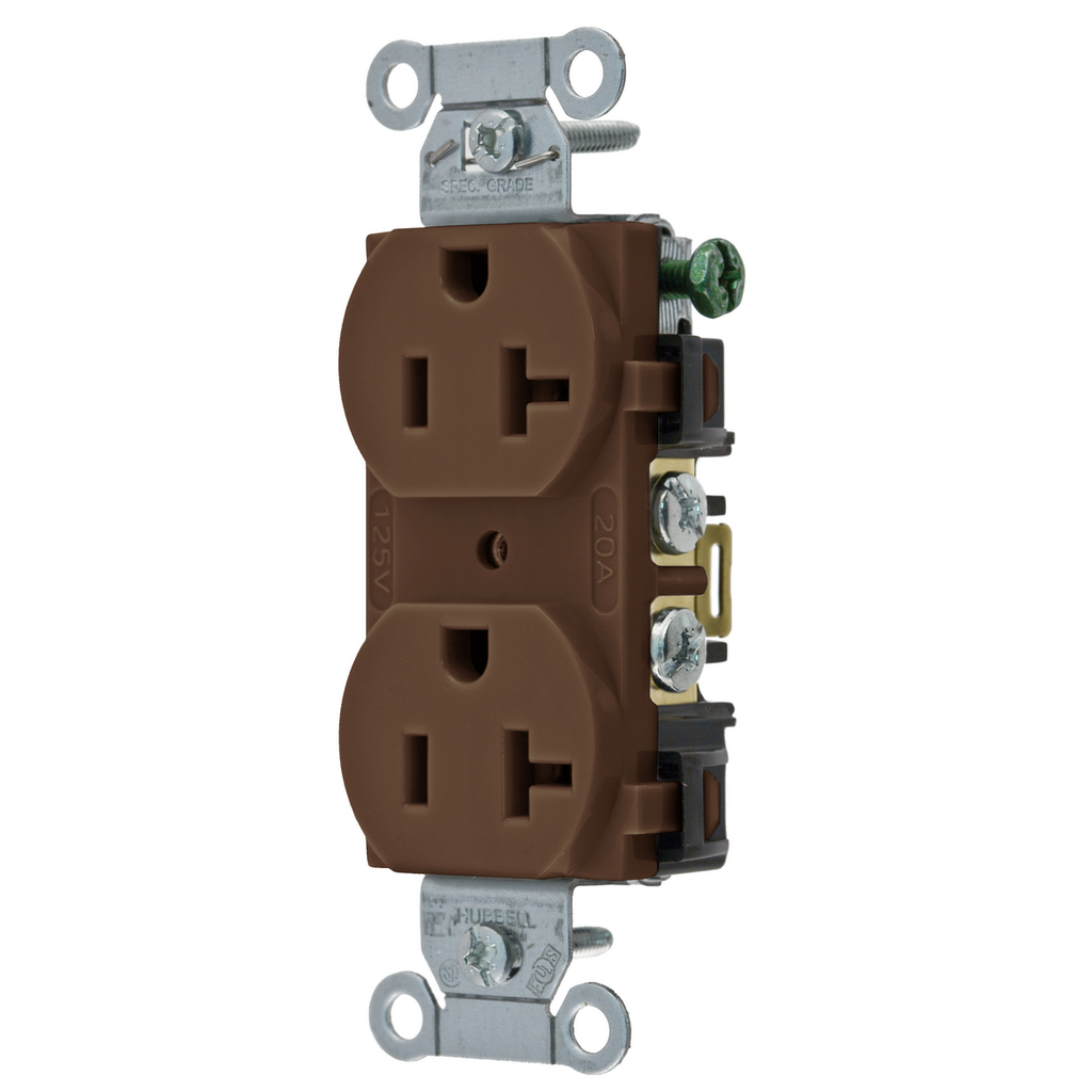 Product image for Hubbell BR20 Brown 20A 125V Duplex Receptacle. Commercial Spec Grade