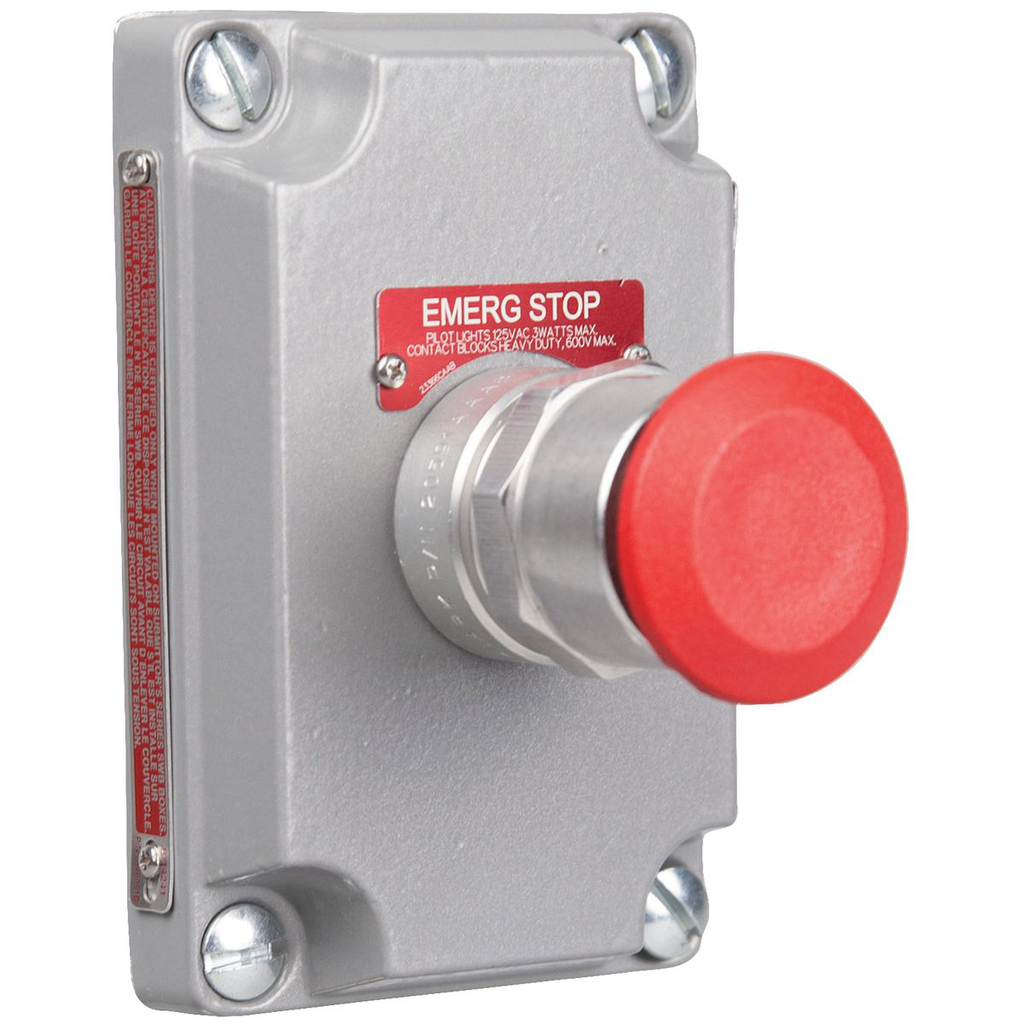 XCS Series - Aluminum Maintained Contact Push/Pull Button Cover With Device - Red Mushroom Button Supplied With Three Nameplates("Start/Stop", Blank, "Emergency Stop") - 1NO/1NC Contact Rating