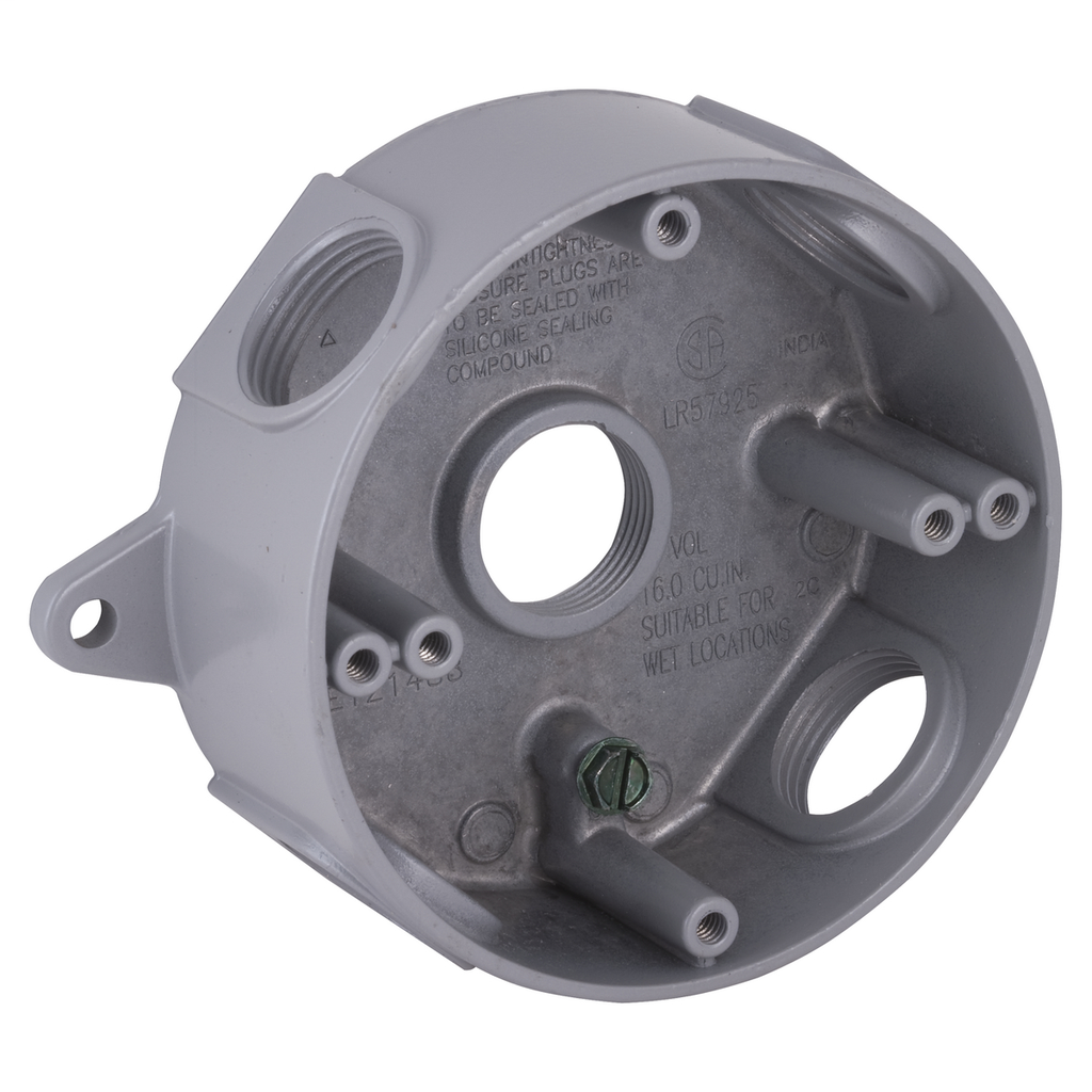 RACO 5372-0 (WBR2) 4" Round W/P Splice Box, (5) 3/4" Outlets