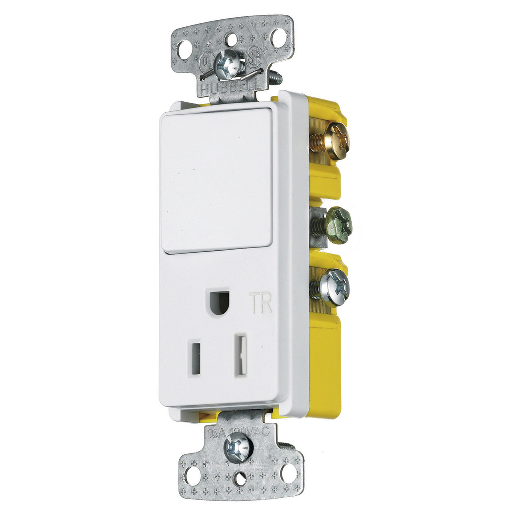 Switches and Lighting Controls, Combination Devices, Residential Grade, Decorator Series, 1) Single Pole Rocker, 1) Single Tamper Resistant Receptacle, 15A 120V AC, Side Wired
