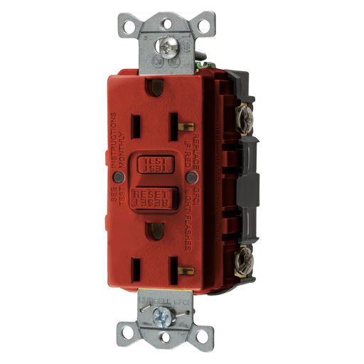 Product image for Hubbell GFRST20R 20A GFCI Receptacle, Self-test, 125V 2P3W - Red