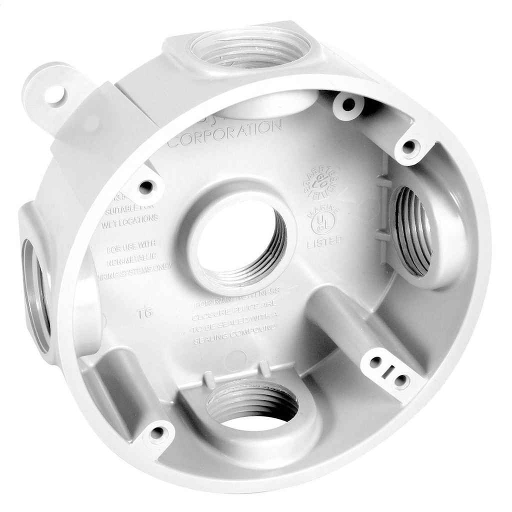 1-1/2 in. Deep - Five Threaded Outlets - 4 in. Round Splice Box
