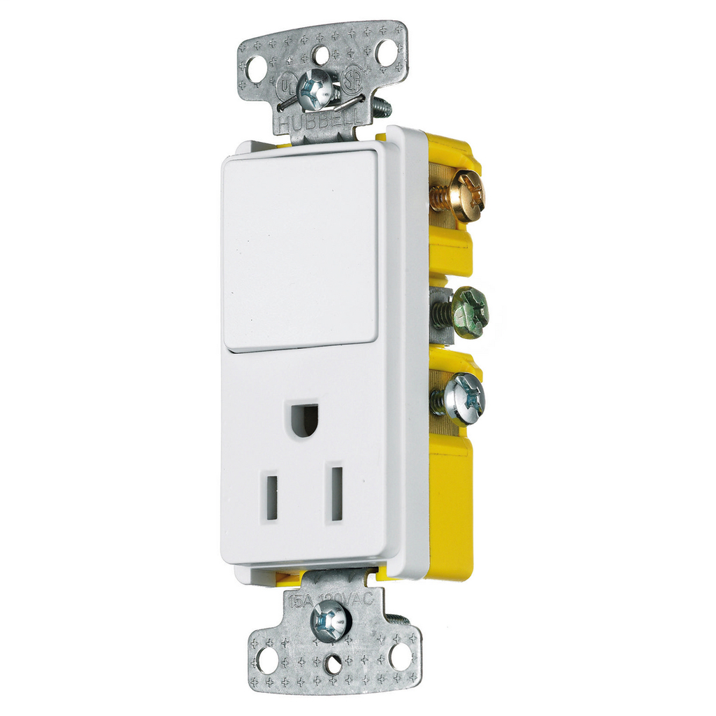 Switches and Lighting Controls, Combination Devices, Residential Grade, Decorator Series, 1) Single Pole Rocker, 1) Single Receptacle, 15A 120V AC, Side Wired, White