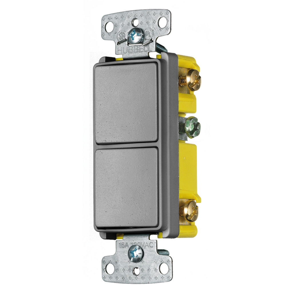Switches and Lighting Controls, Combination Devices, Residential Grade, Decorator Series, 2) Single Pole Rockers, 15A 120V AC, Side Wired, Gray