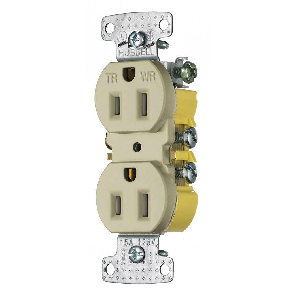 TradeSelect, Straight Blade Devices, Residential Grade, Receptacles, Weather and Tamper Resistant Duplex, 15A 125V, 2-Pole 3-Wire Grounding, 5-15R, Self Grounding, Ivory