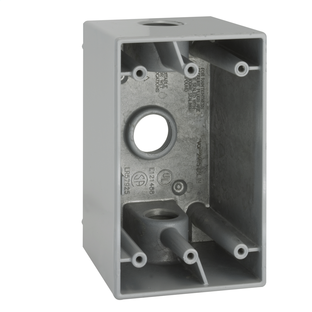 RACO 5385-0 Single Gang 2-5/8" Deep Weatherproof Box, (3) 1/2" Outlets