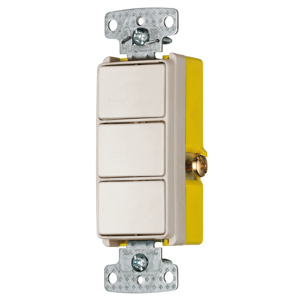 Switches and Lighting Controls, Combination Devices, Residential Grade, Decorator Series, 3) Three Way Rockers, 15A 120V AC, Side Wired, Light Almond