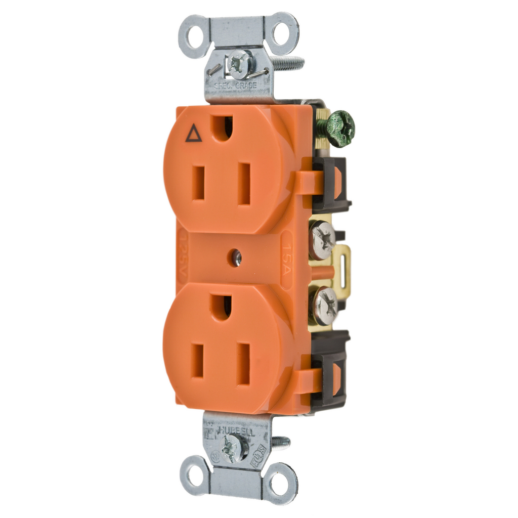 Product image for Hubbell IG5252 15 Amp 125 Volt 2-Pole 3-Wire NEMA 5-15R Orange Isolated Ground Straight Blade Duplex Receptacle