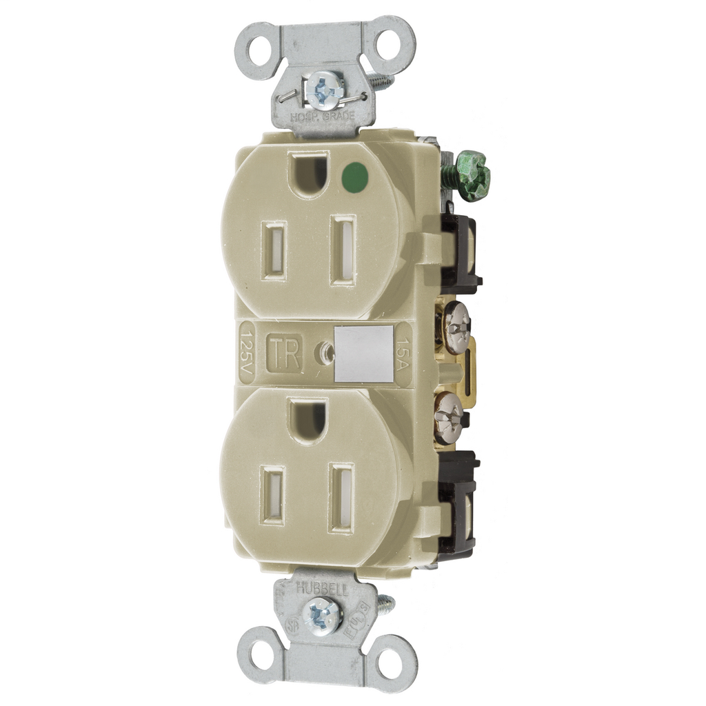 Product image for Hubbell 8200IVTRA Straight Blade Device, Tamper Resistant, Duplex Receptacle, Hubbell-Pro, Hospital Grade, 2-Pole 3- Wire Grounding, 15A 125V, 5-15R, Ivory
